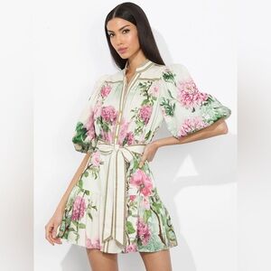 Alice + Olivia White Floral Mini Dress with Pink and Green Print